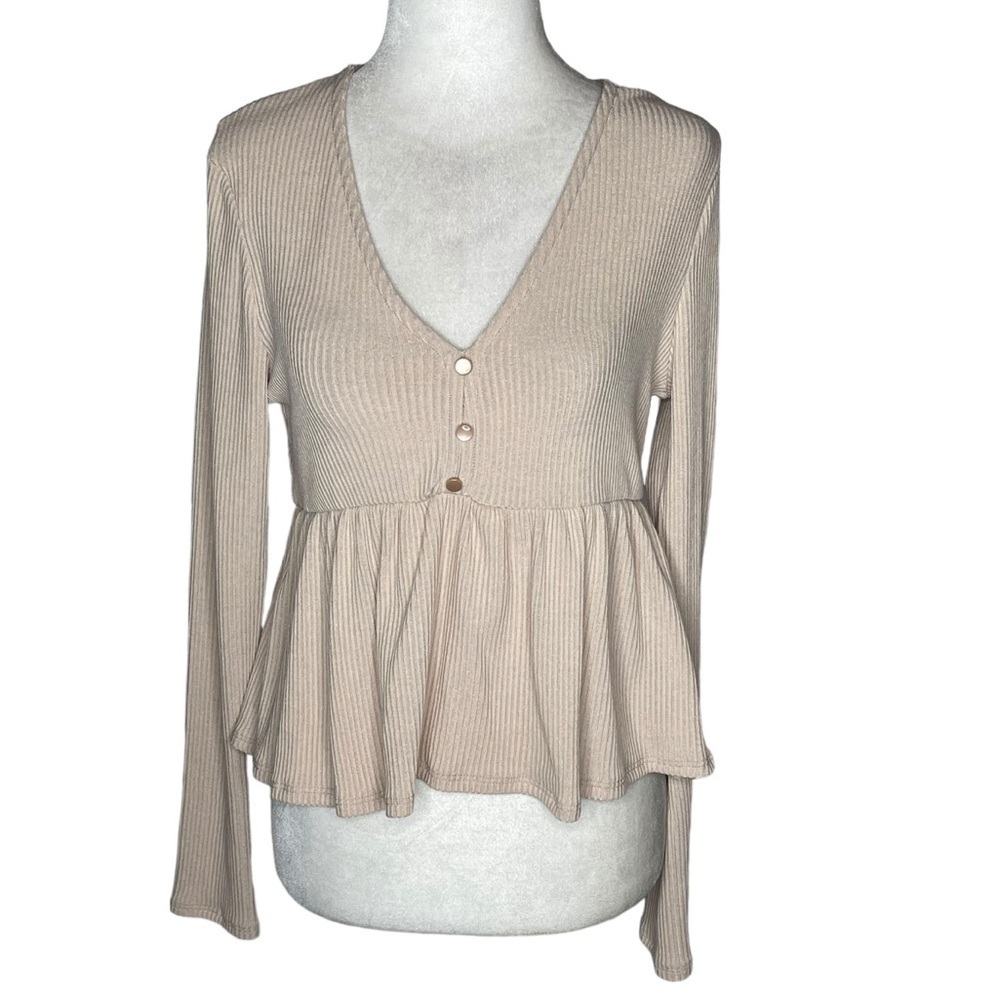 Altat’d State Ribbed Babydoll Cream Top Bishop Sleeves Size Medium NWT